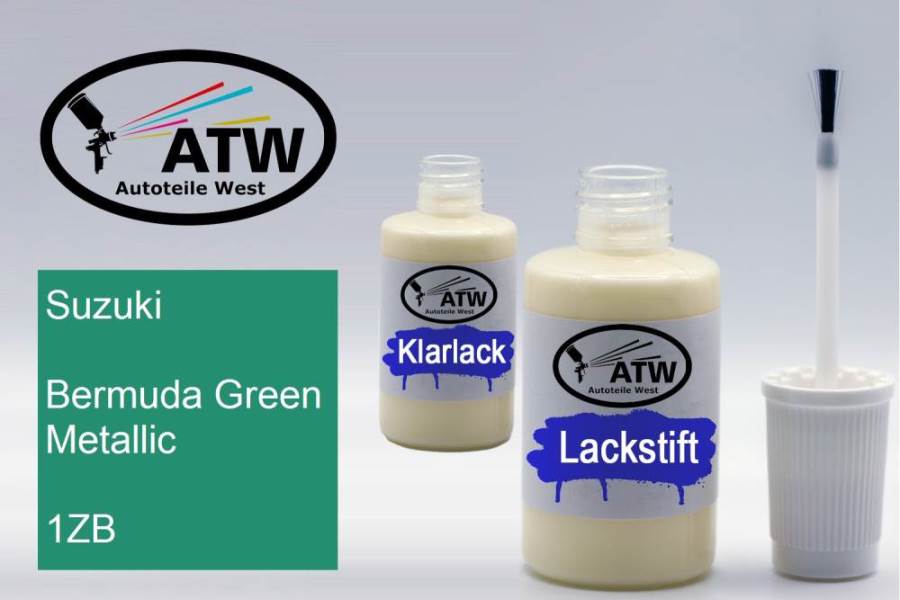 Suzuki, Bermuda Green Metallic, 1ZB: 20ml Lackstift + 20ml Klarlack - Set, von ATW Autoteile West.